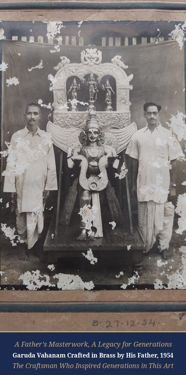 Garuda Vahanam, an early temple work crafted by the sculptor's father in 1954, still preserved in the family archive.